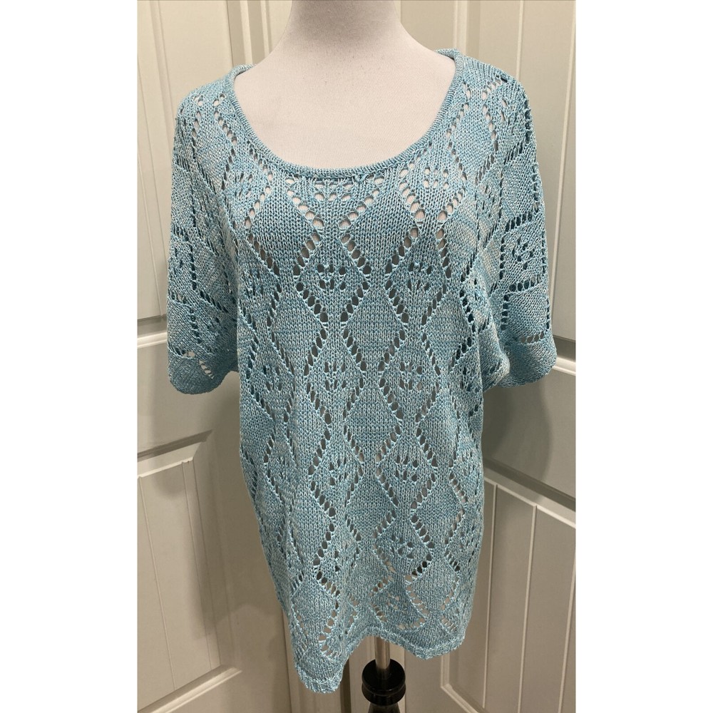 NwT Leo & Nicole Blue Short Sleeve Sweater Top Knit Crochet Lace Boho SZ XXL
